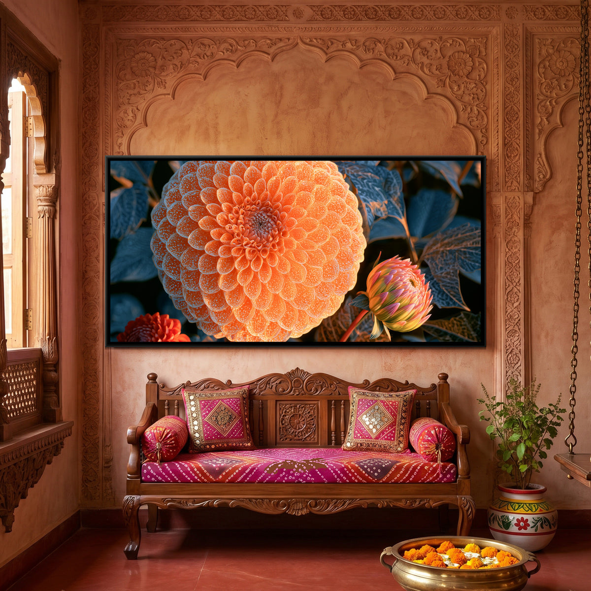 Dahlias — framed canvas art hung on a wall