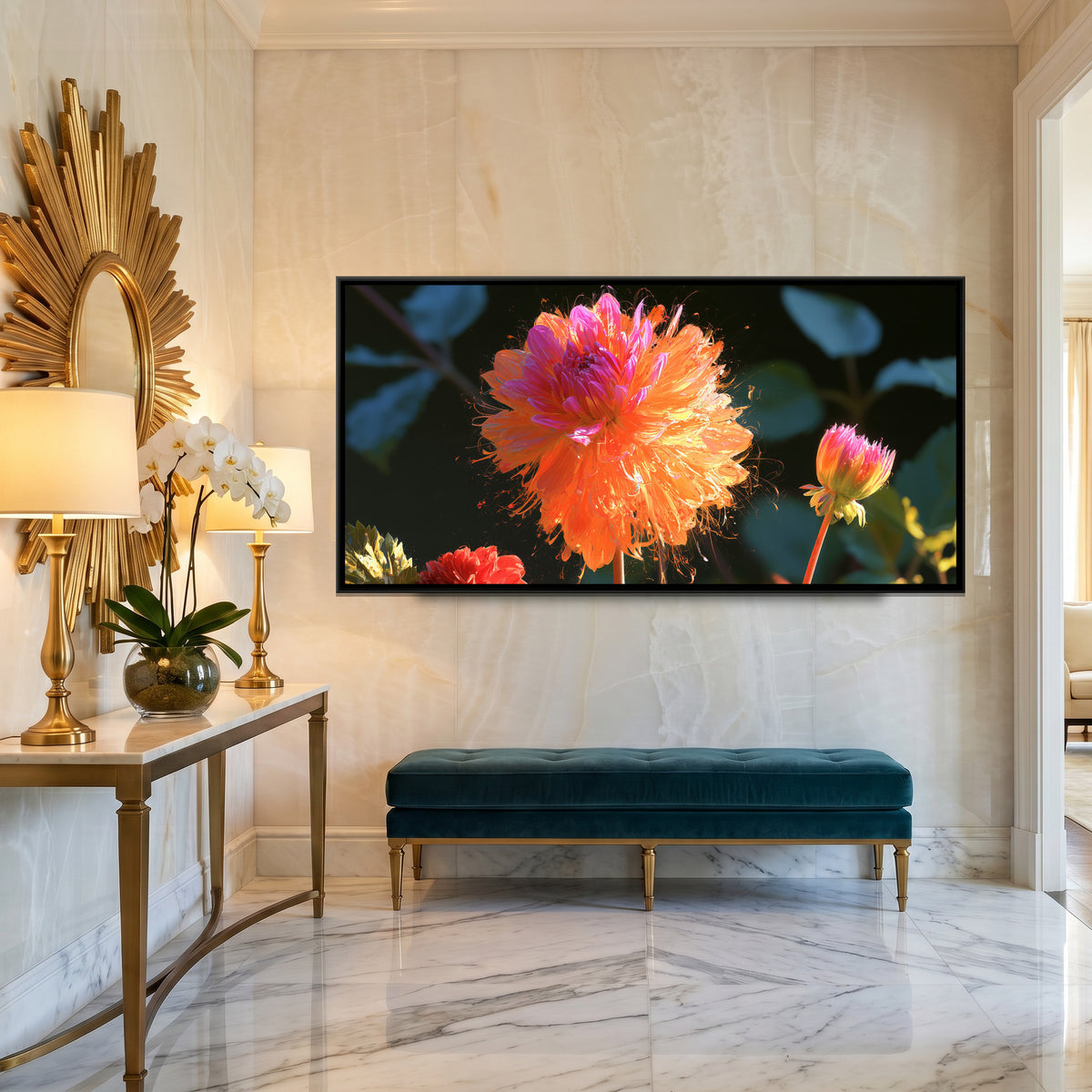 Dahlias — canvas art shown in a styled room