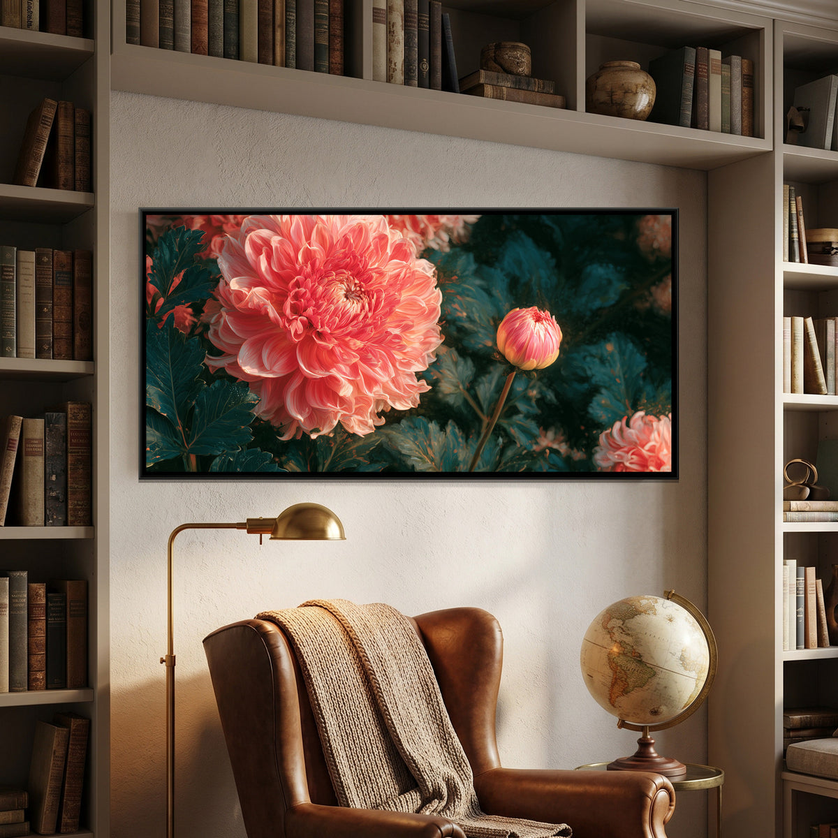 Dahlias — framed canvas art hung on a wall