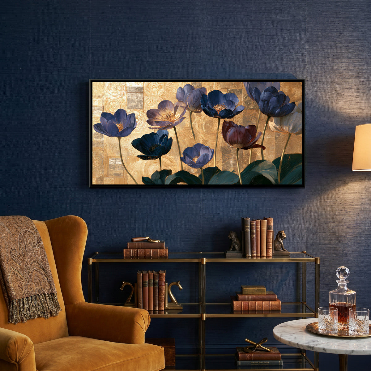 Klimt Flowers — canvas art shown in a styled room