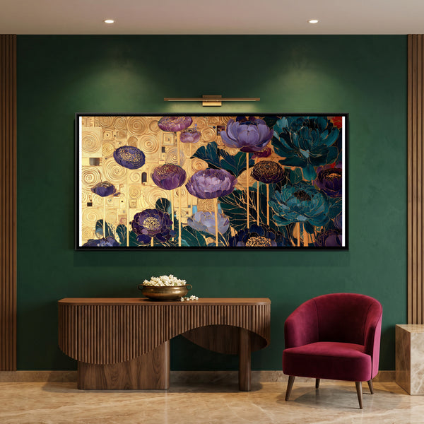 Klimt Flowers — framed canvas art hung on a wall