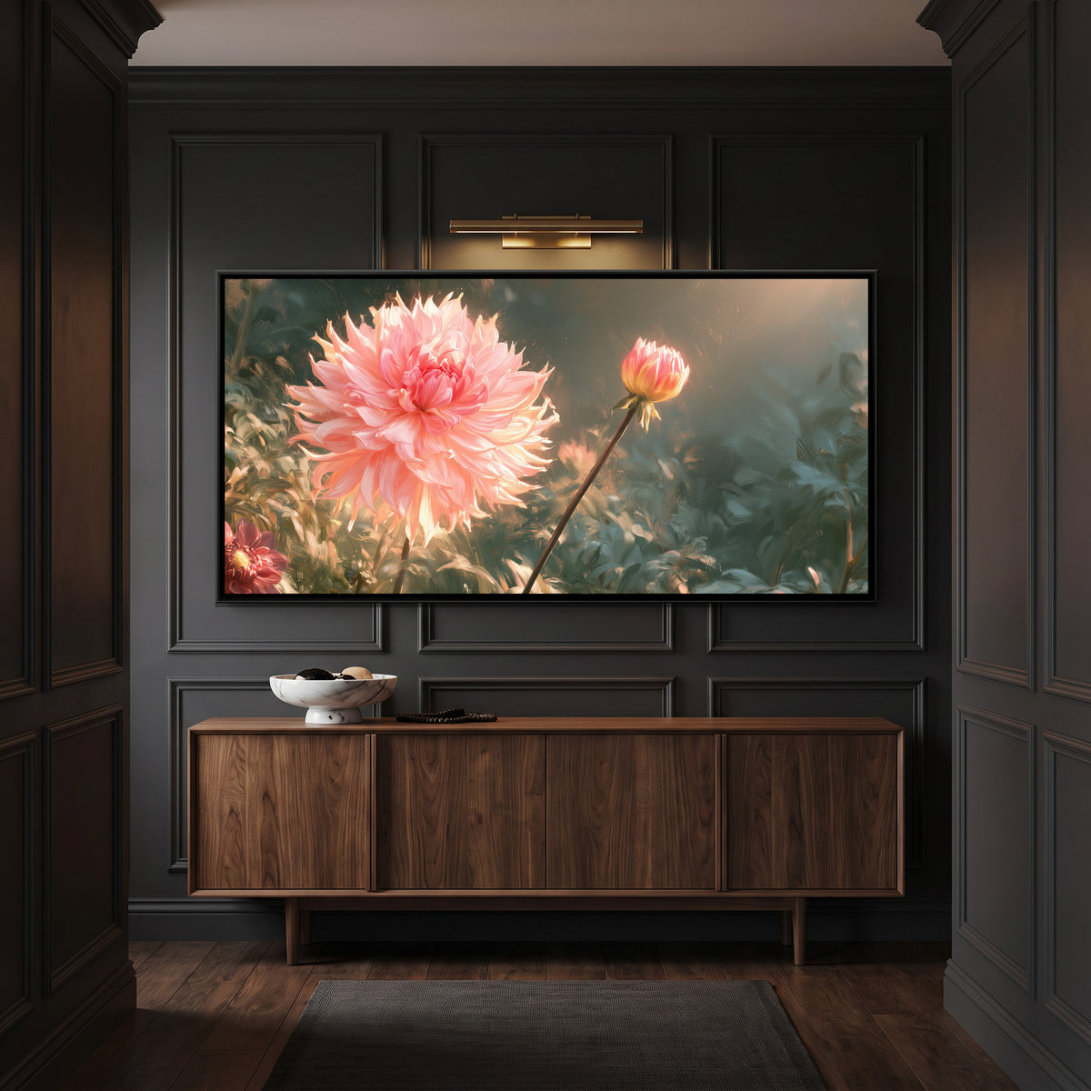 Dahlias — canvas art shown in a second room setting