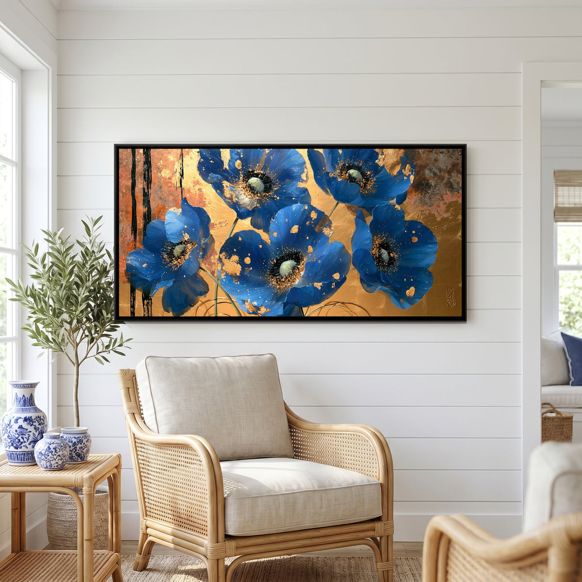 Blue Poppies — canvas art shown in a styled room