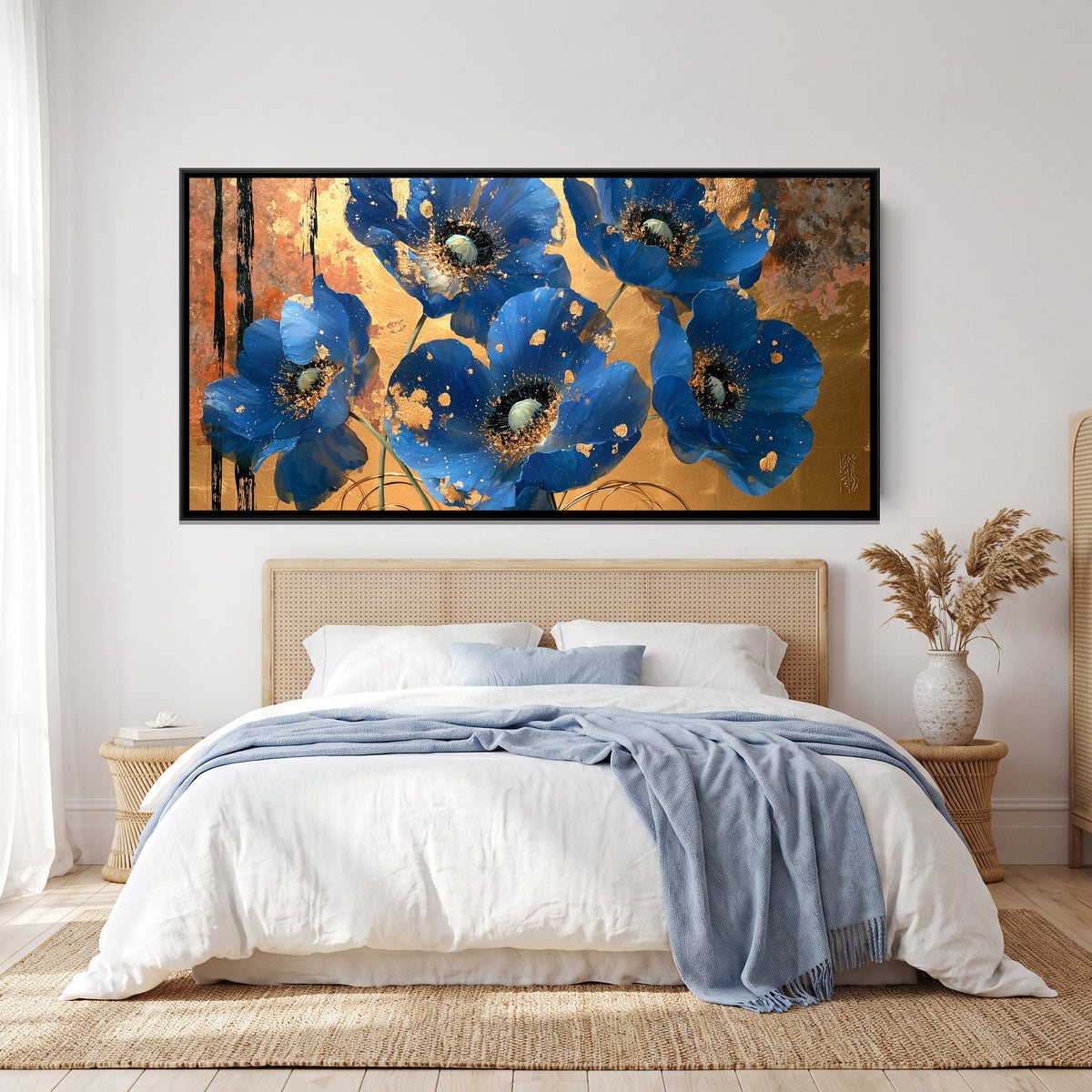 Blue Poppies — canvas art shown in a second room setting