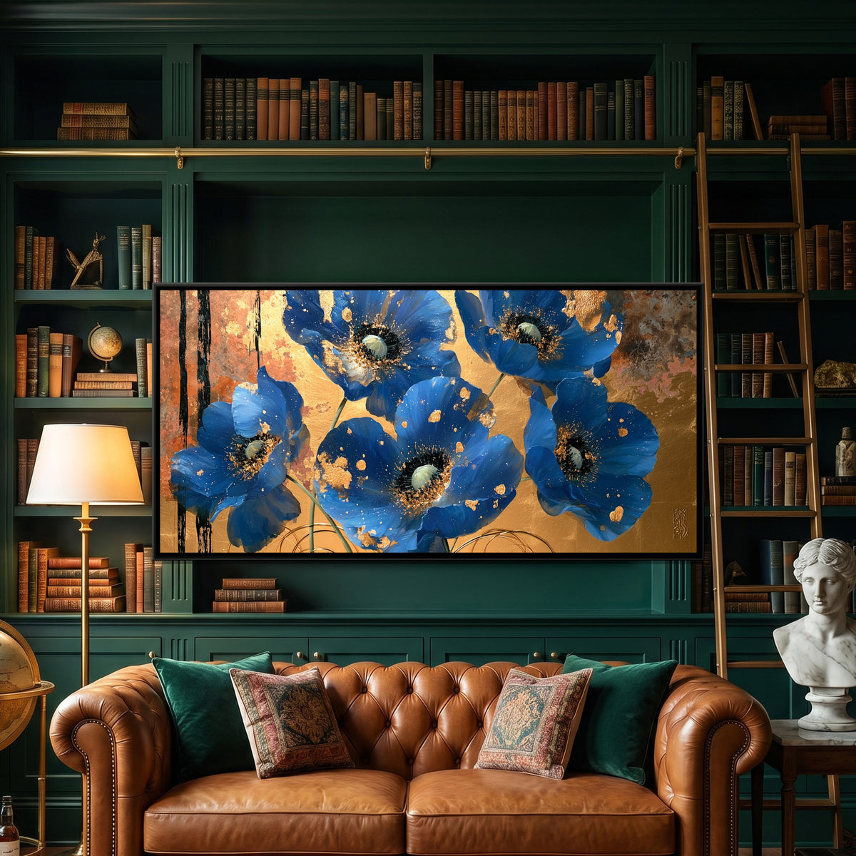 Blue Poppies — framed canvas art hung on a wall