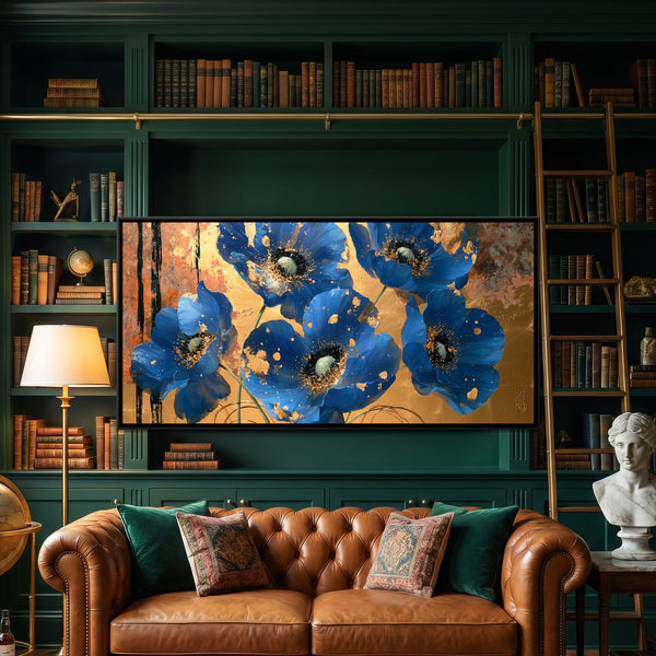 Blue Poppies — framed canvas art hung on a wall