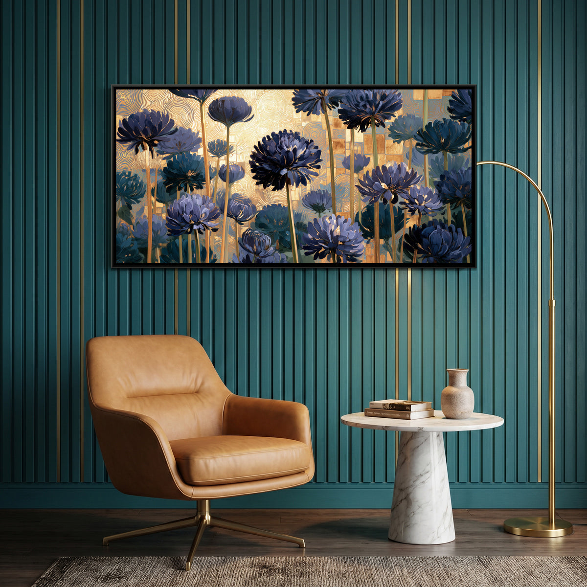 Klimt Flowers — canvas art shown in a styled room