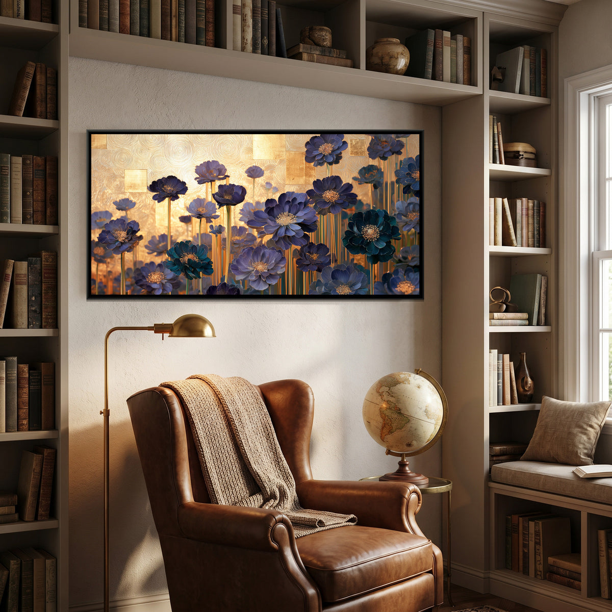 Klimt Flowers — canvas art shown in a styled room