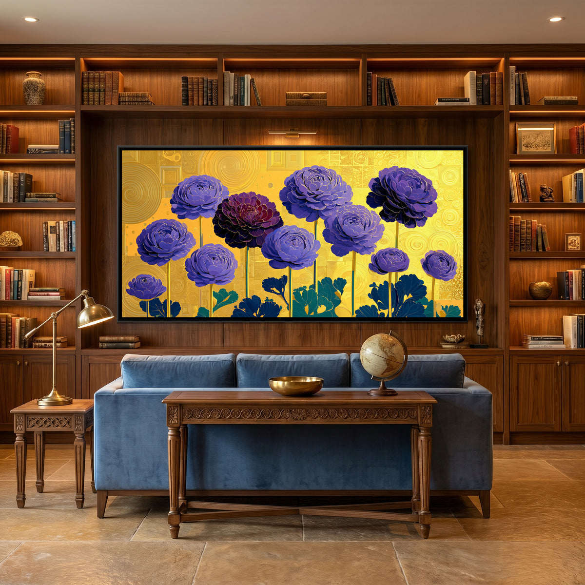 Klimt Flowers — canvas art shown in a second room setting