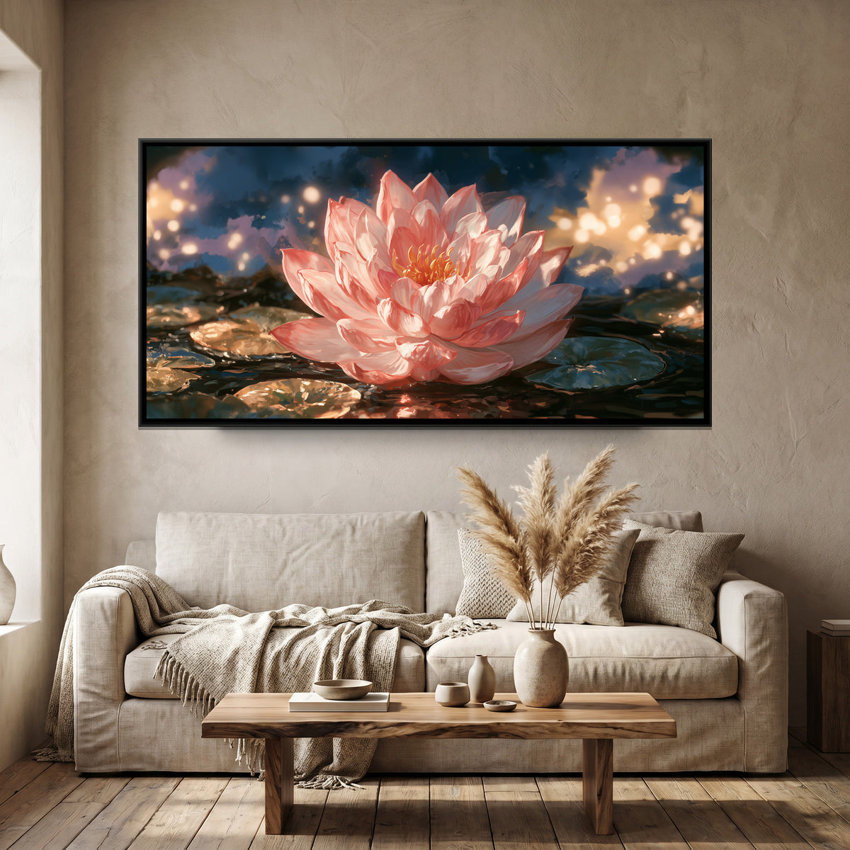 Pink Lotus — framed canvas art hung on a wall
