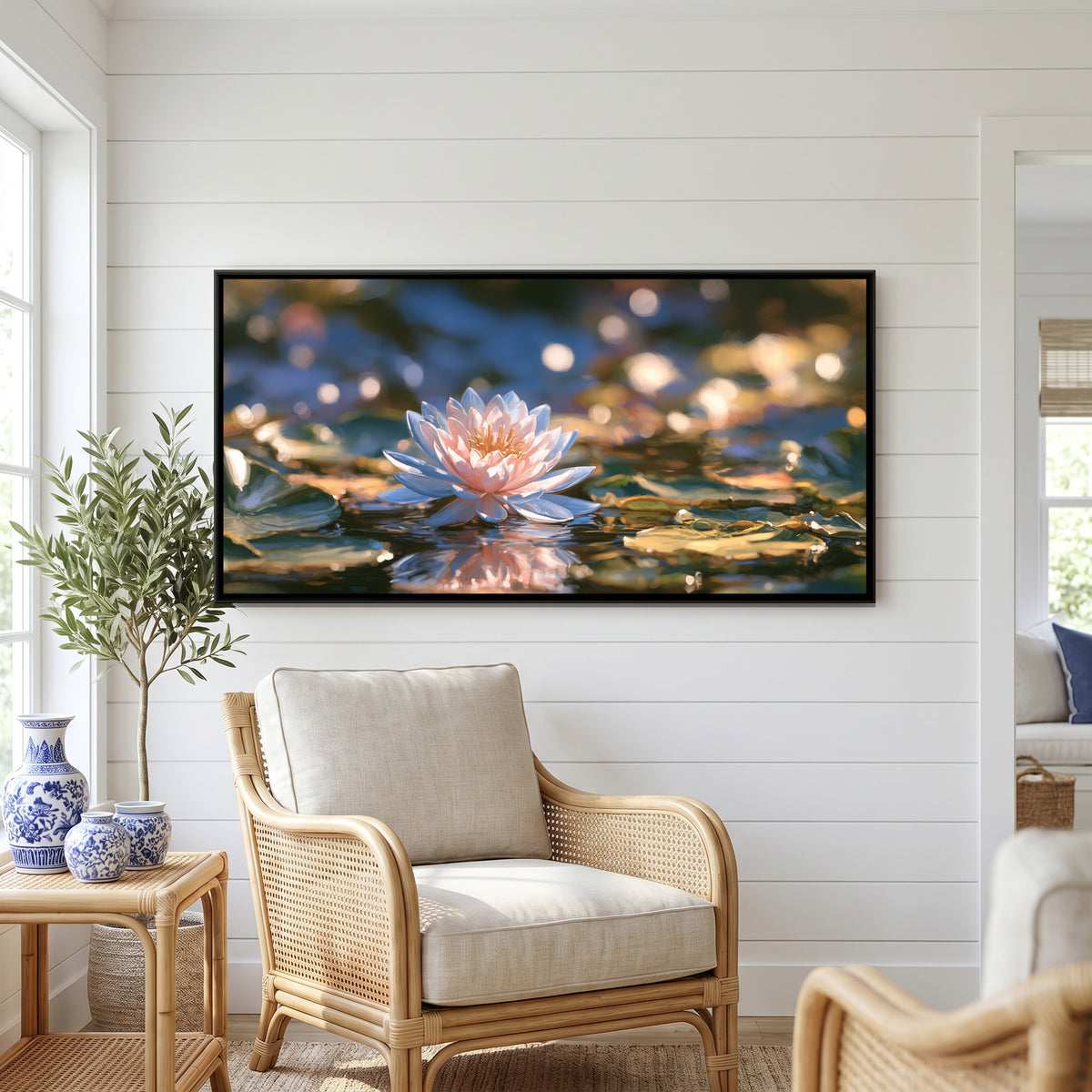 Pink Lotus — canvas art shown in a styled room
