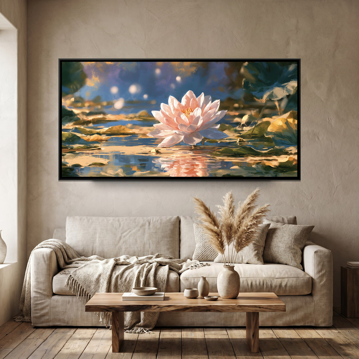 Pink Lotus — canvas art shown in a styled room