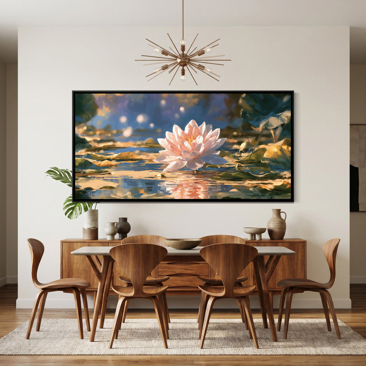 Pink Lotus — canvas art shown in a second room setting