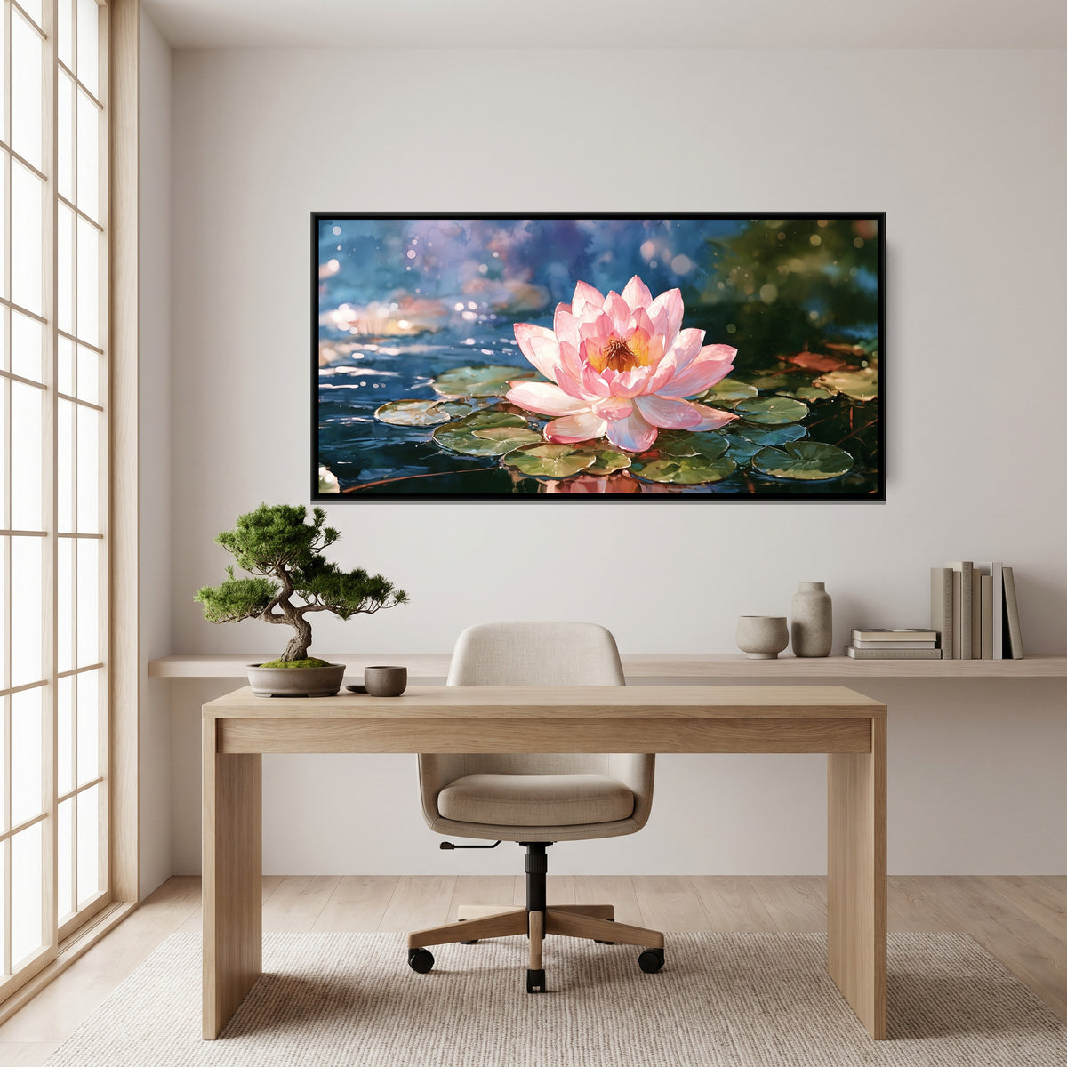 Pink Lotus — canvas art shown in a second room setting