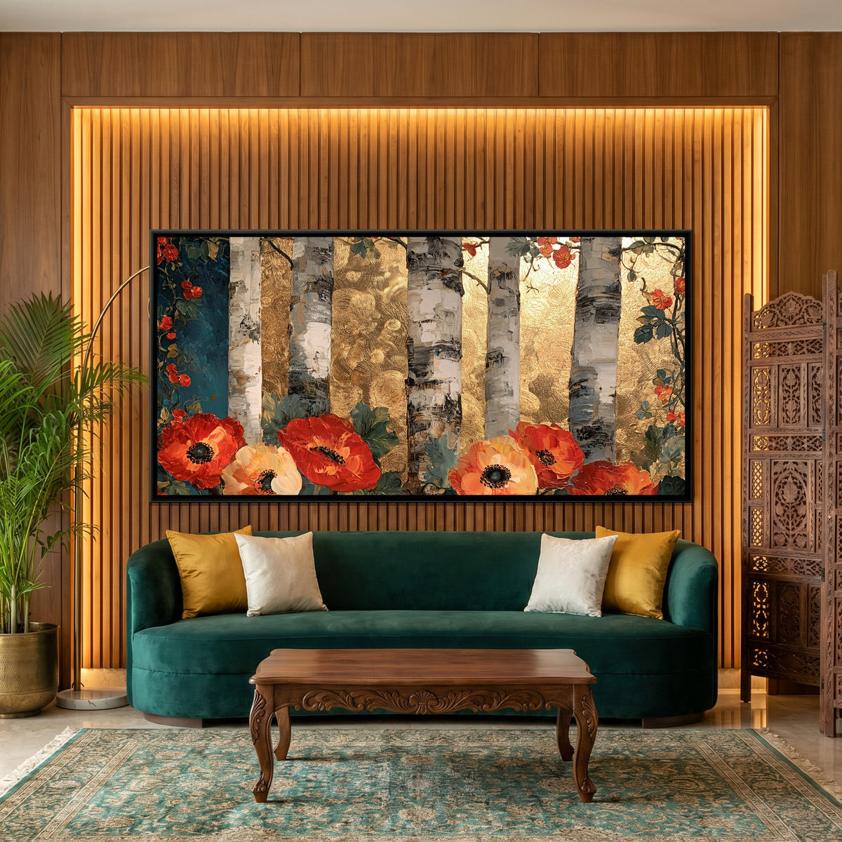 Klimt Birch Forest — framed canvas art hung on a wall