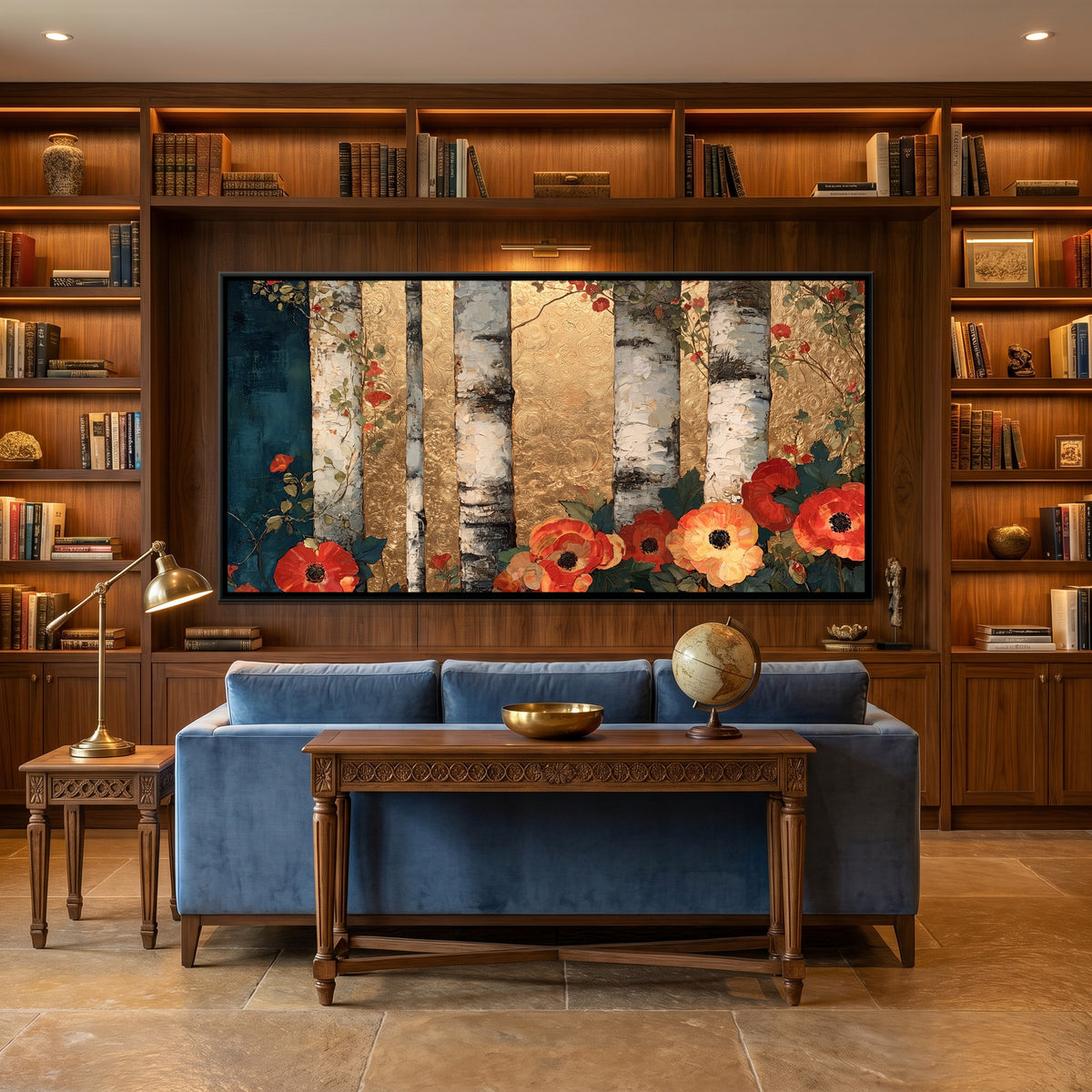 Klimt Birch Forest — canvas art shown in a second room setting