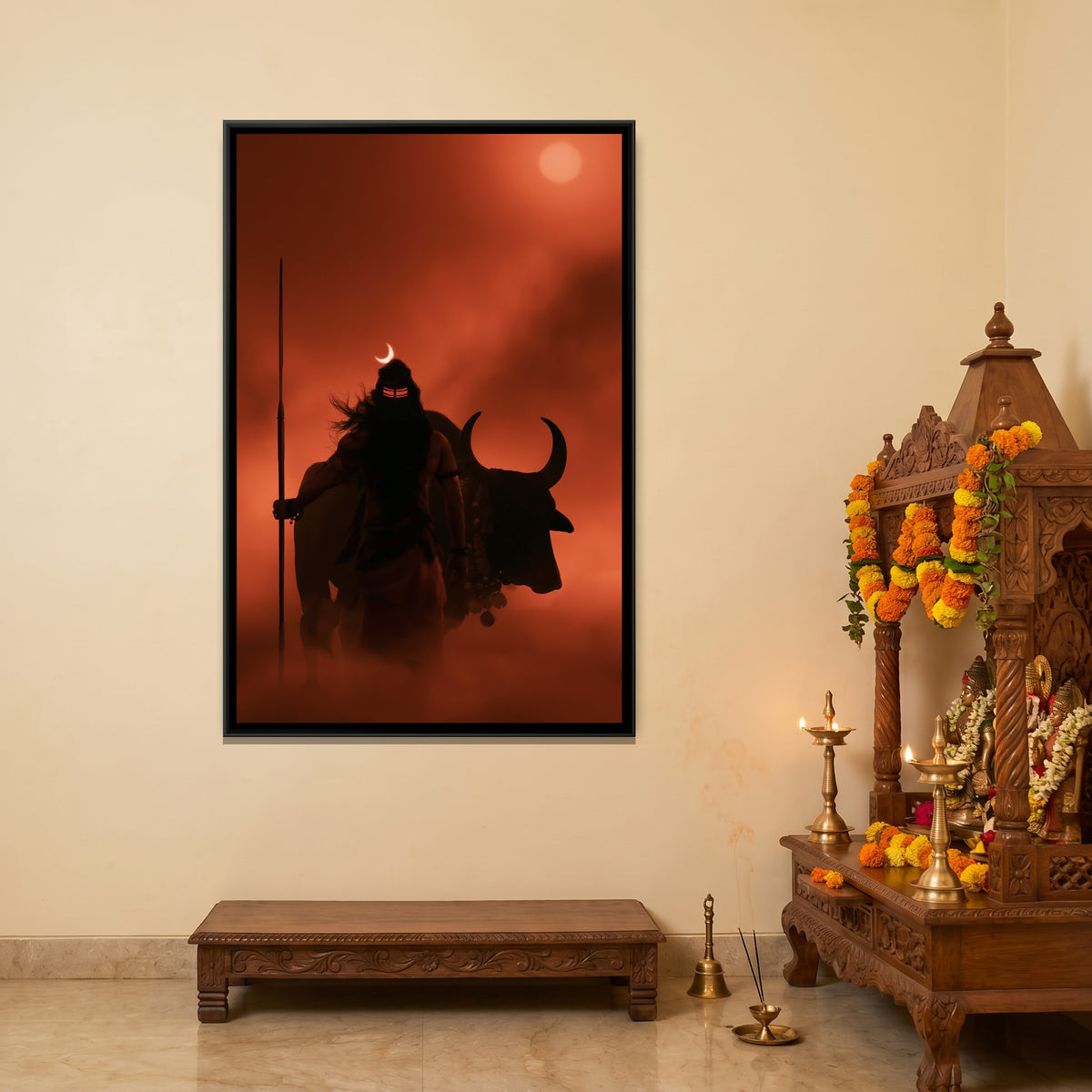 Mahadev and Nandi Ji — canvas art shown in a second room setting