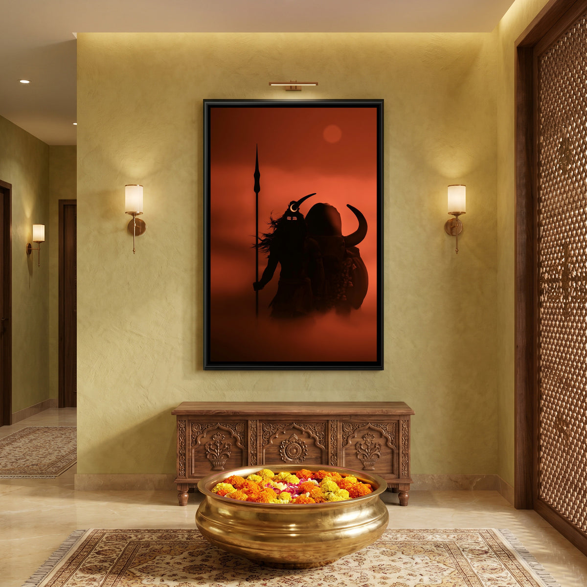 Mahadev and Nandi Ji — canvas art shown in a styled room