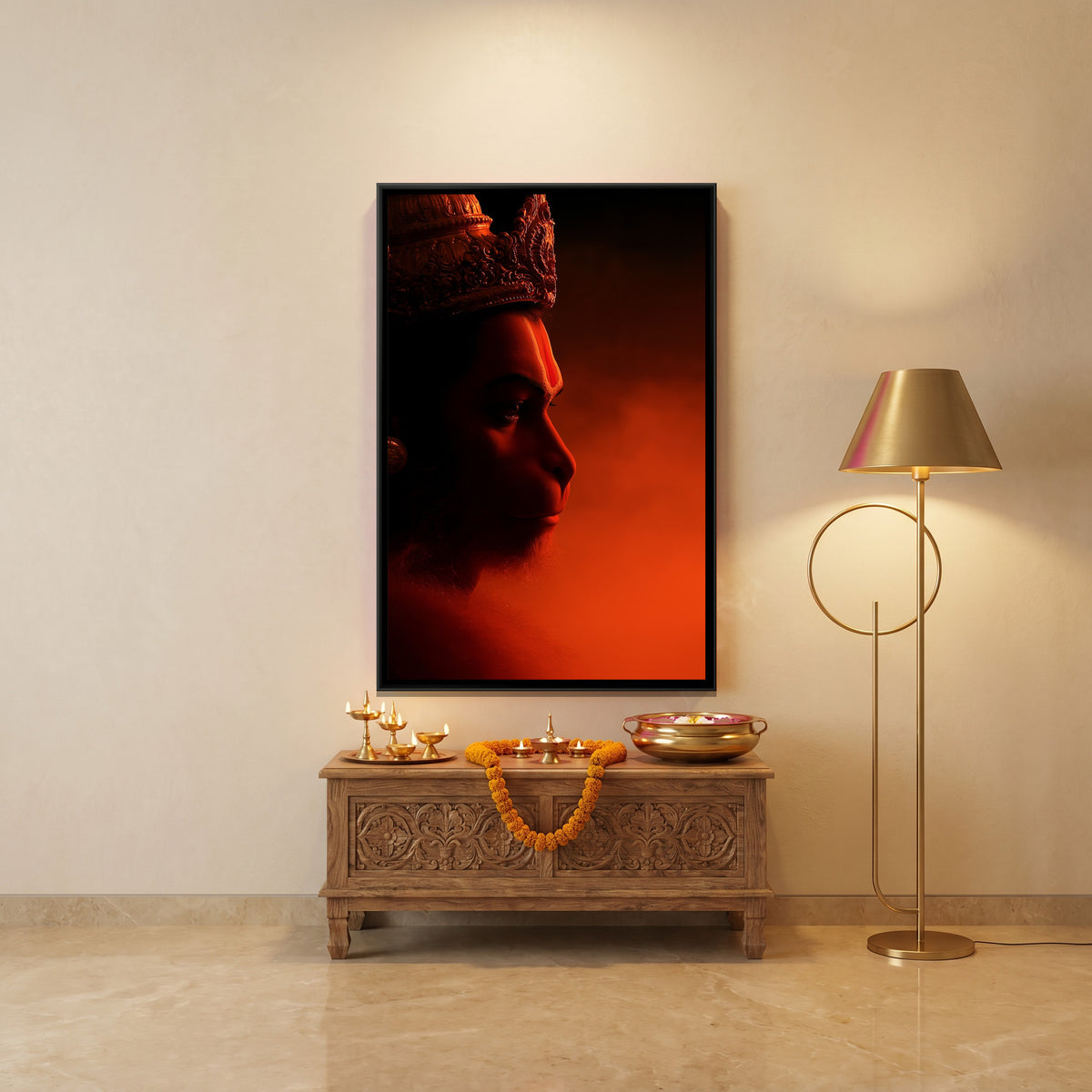 Hanuman Ji Face — canvas art shown in a second room setting