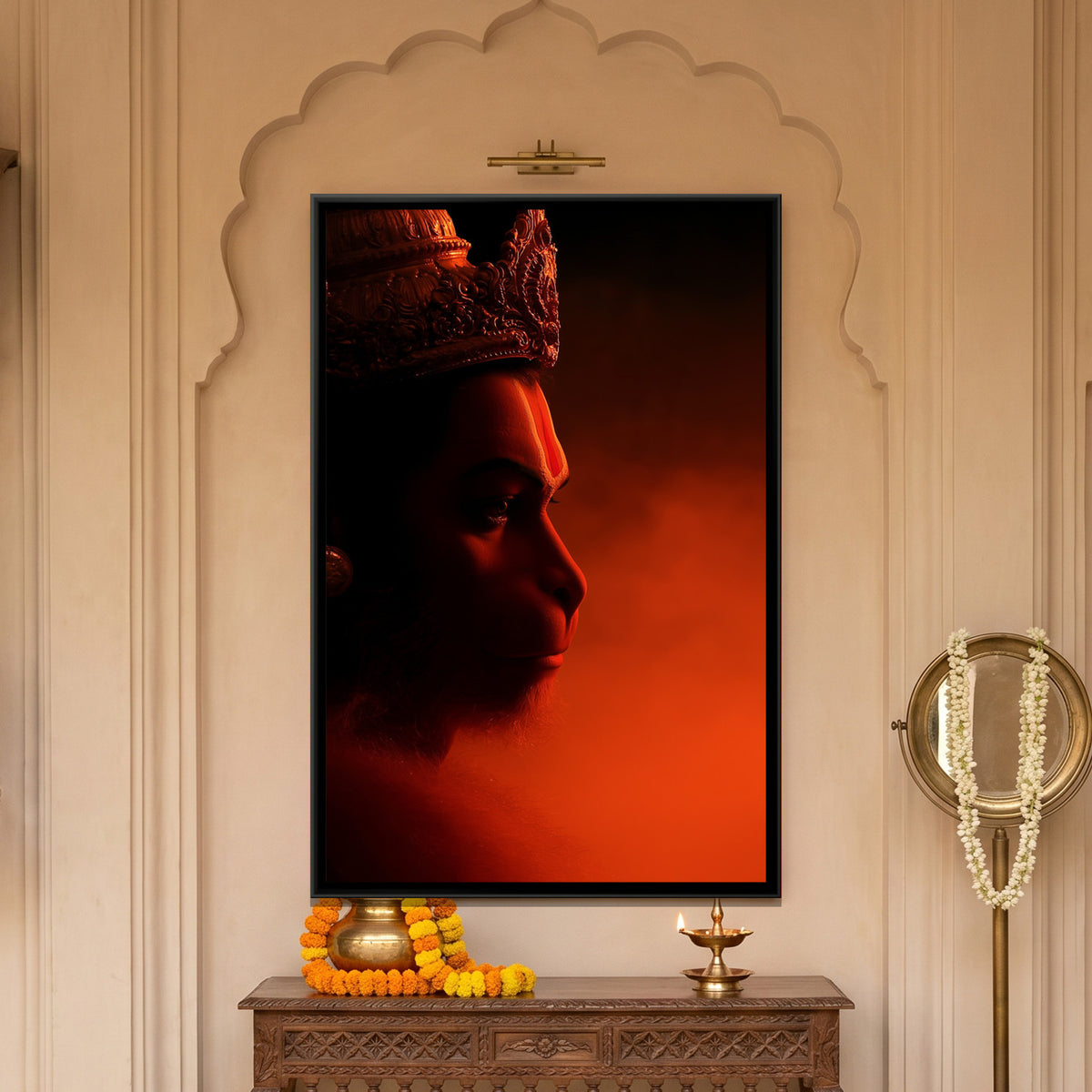 Hanuman Ji Face — framed canvas art hung on a wall