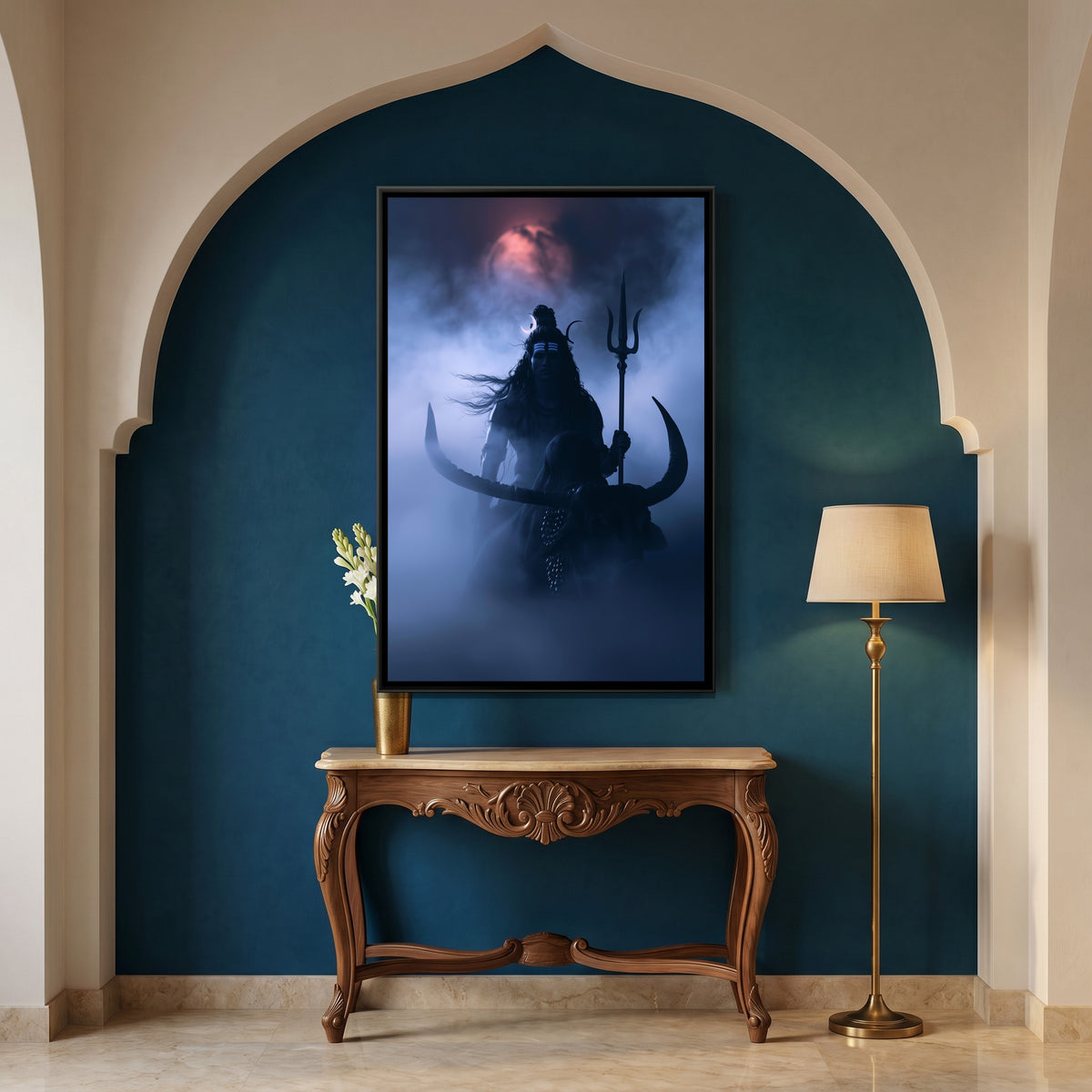 Mahadev and Nandi Ji — canvas art shown in a styled room