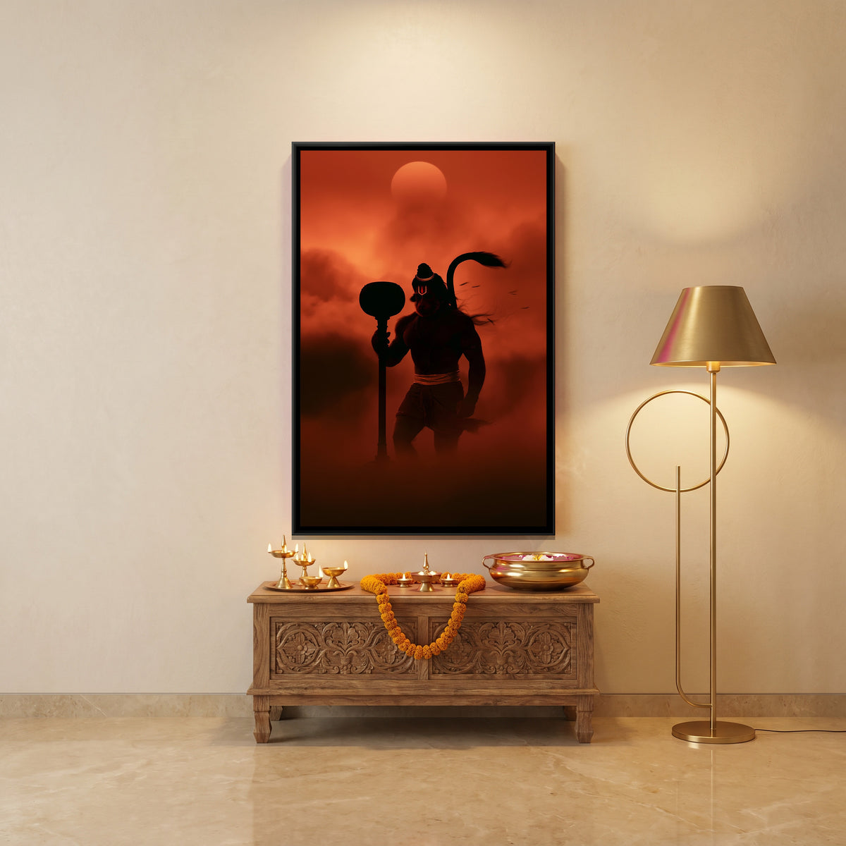 Hanuman Ji — canvas art shown in a second room setting