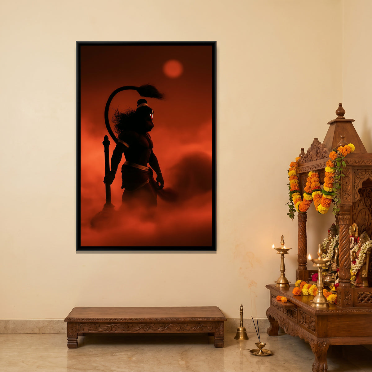 Hanuman Ji — canvas art shown in a second room setting