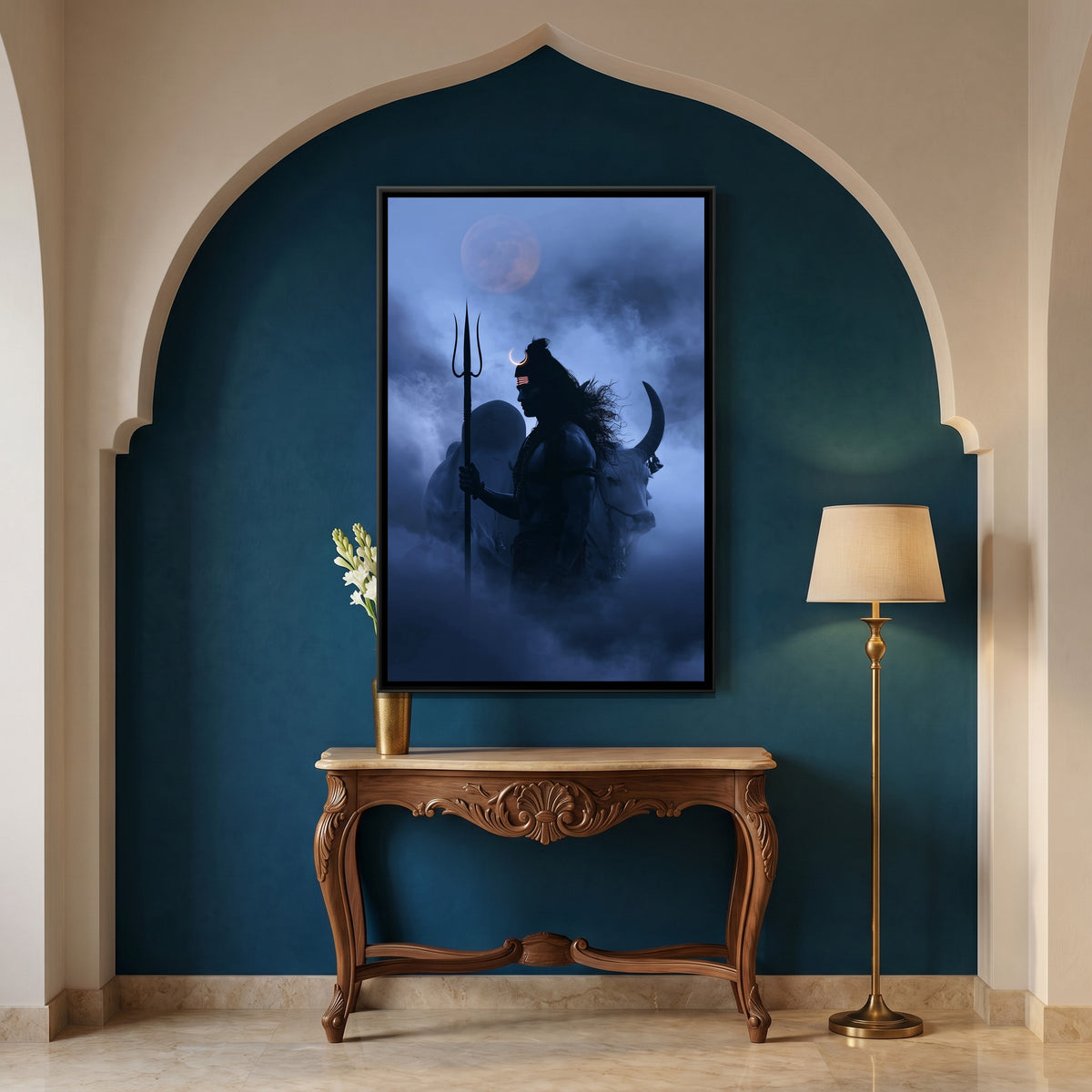 Mahadev and Nandi Ji — canvas art shown in a styled room