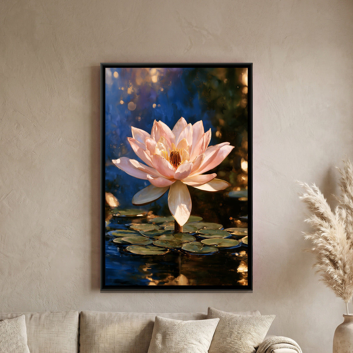 Pink Lotus — framed canvas art hung on a wall