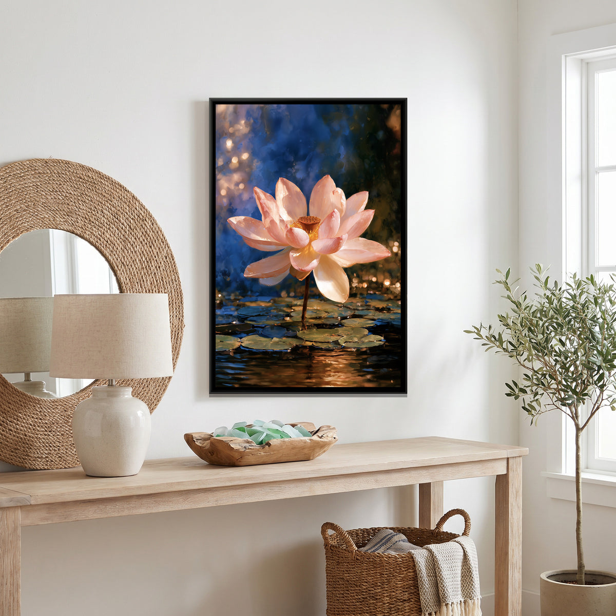 Pink Lotus — canvas art shown in a styled room