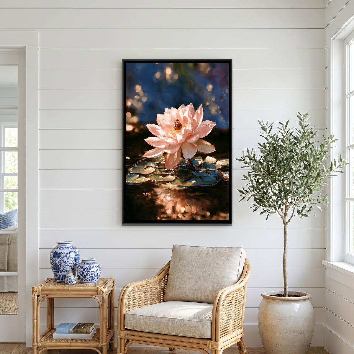 Pink Lotus — canvas art shown in a second room setting