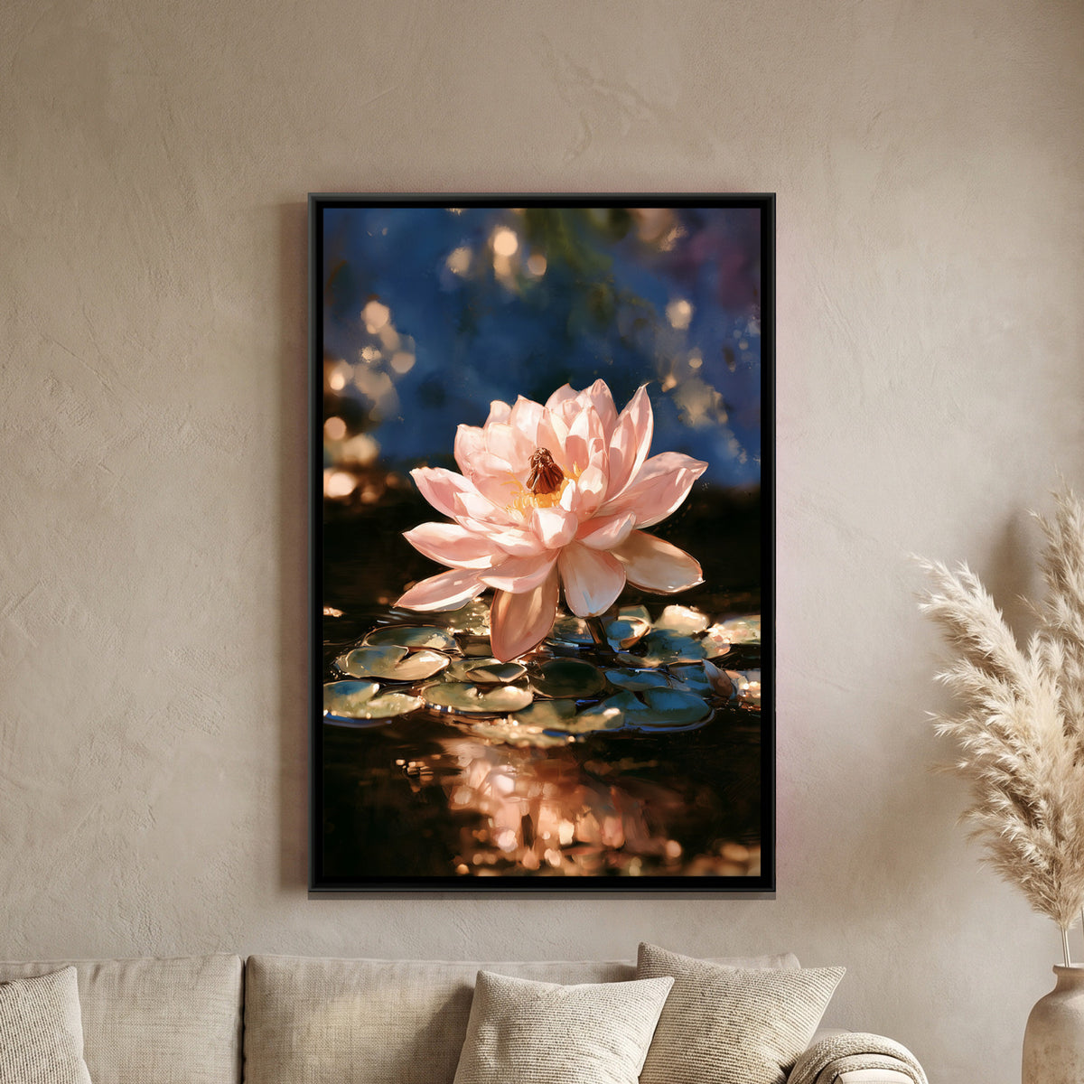 Pink Lotus — framed canvas art hung on a wall