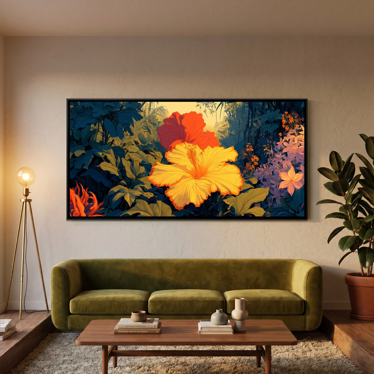 Tropical Flowers — framed canvas art hung on a wall