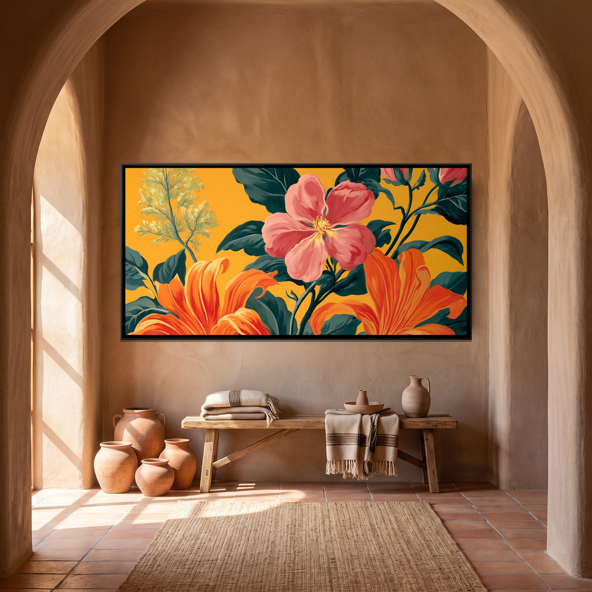 Tropical Flowers — canvas art shown in a second room setting