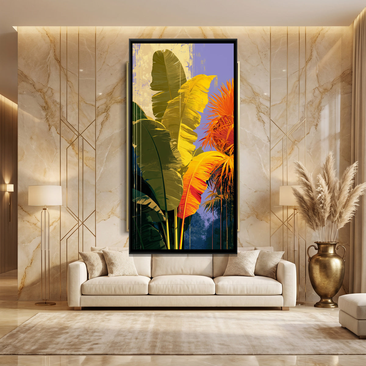 Tropical Banana Leaves — canvas art shown in a styled room