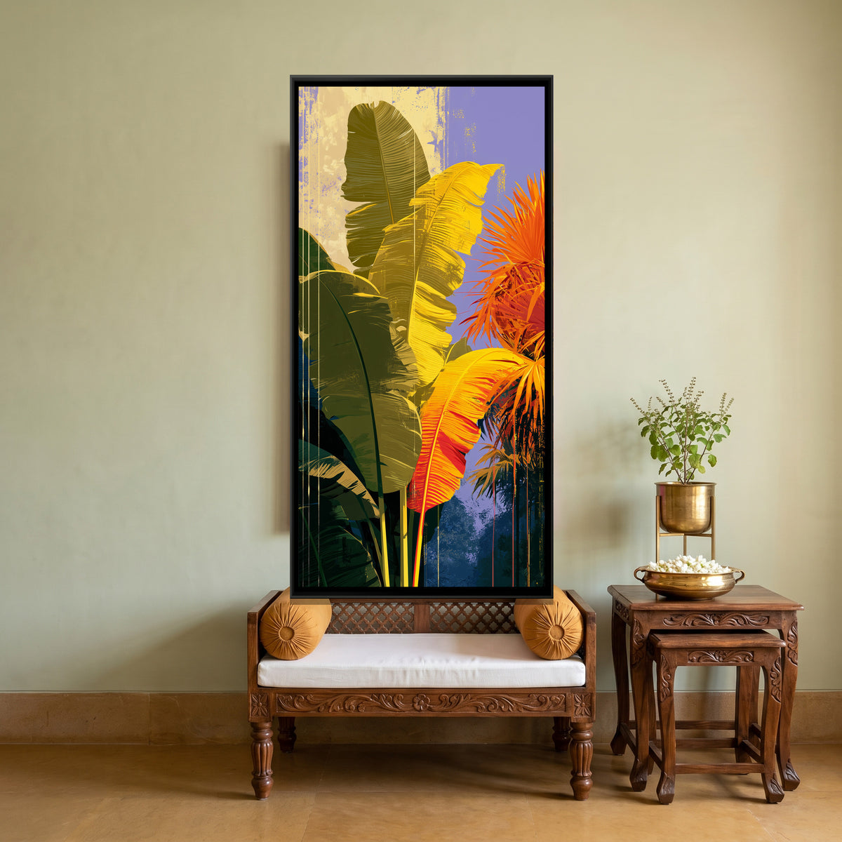 Tropical Banana Leaves — canvas art shown in a second room setting