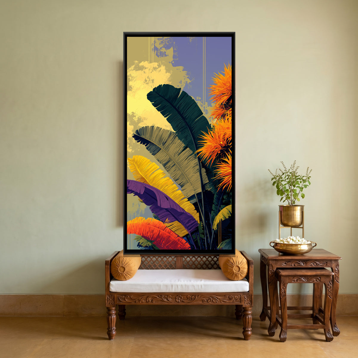 Tropical Banana Leaves — canvas art shown in a second room setting