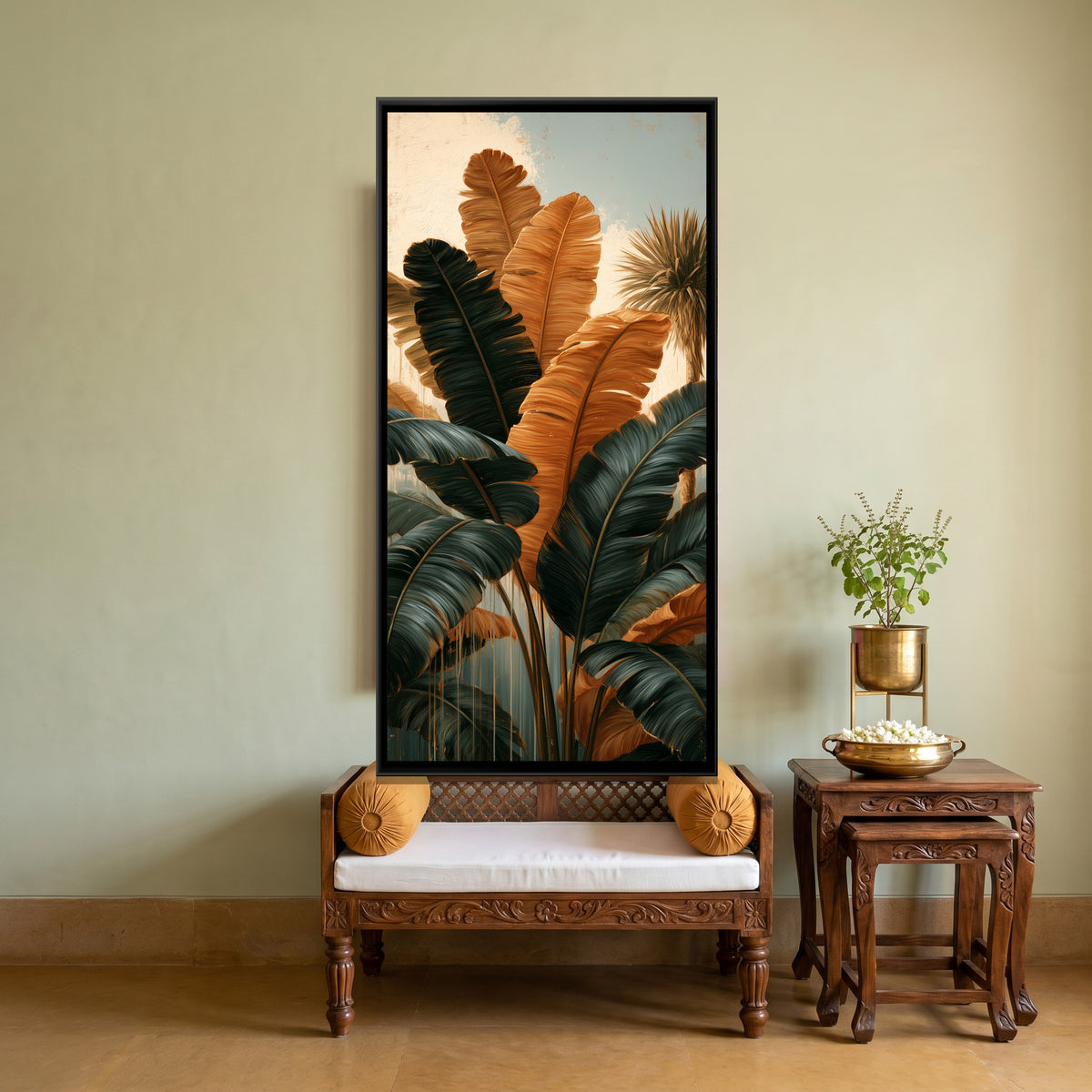 Tropical Banana Leaves — canvas art shown in a styled room