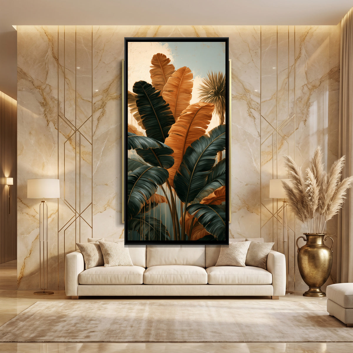Tropical Banana Leaves — canvas art shown in a second room setting