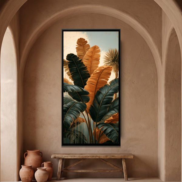 Tropical Banana Leaves — framed canvas art hung on a wall