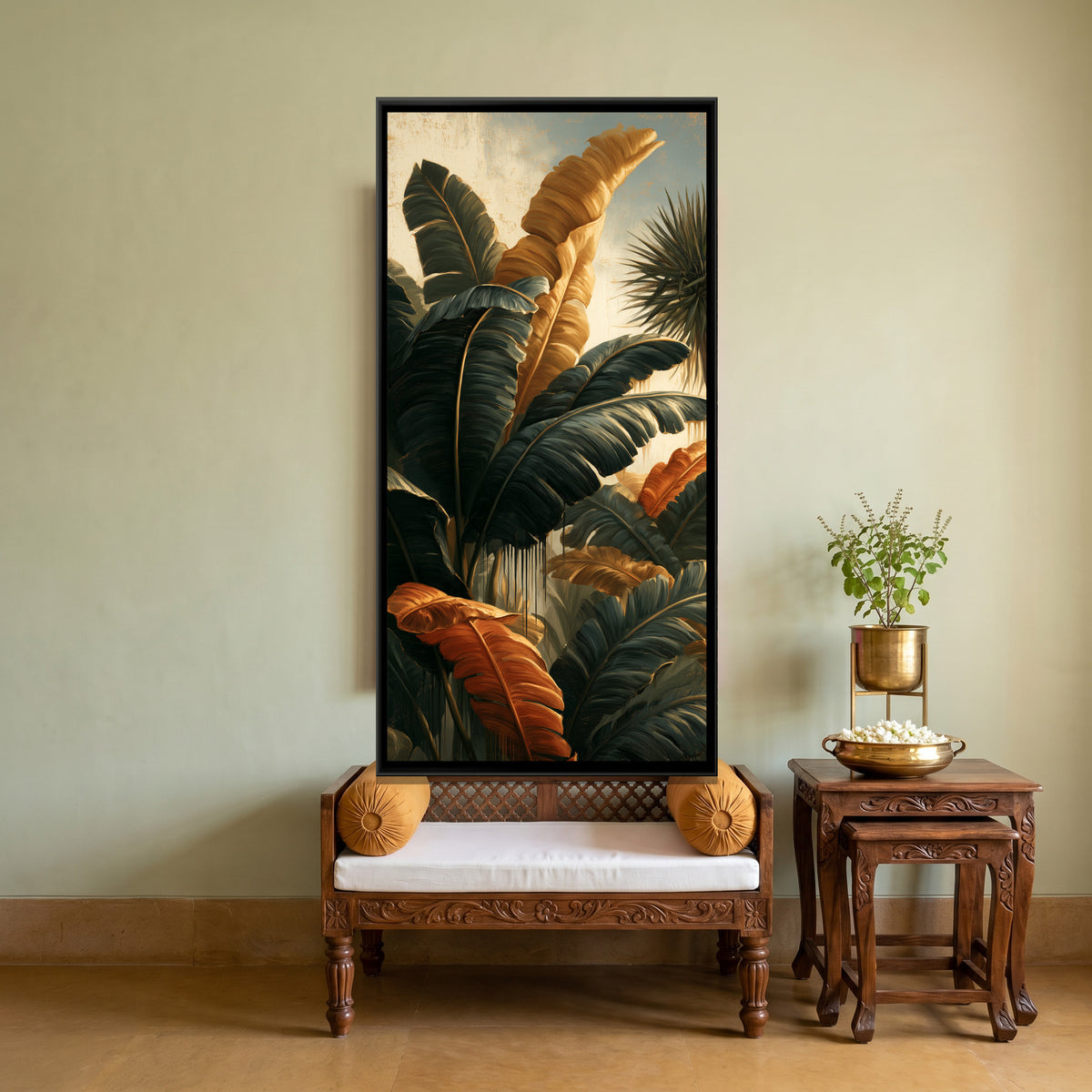 Tropical Banana Leaves — canvas art shown in a styled room