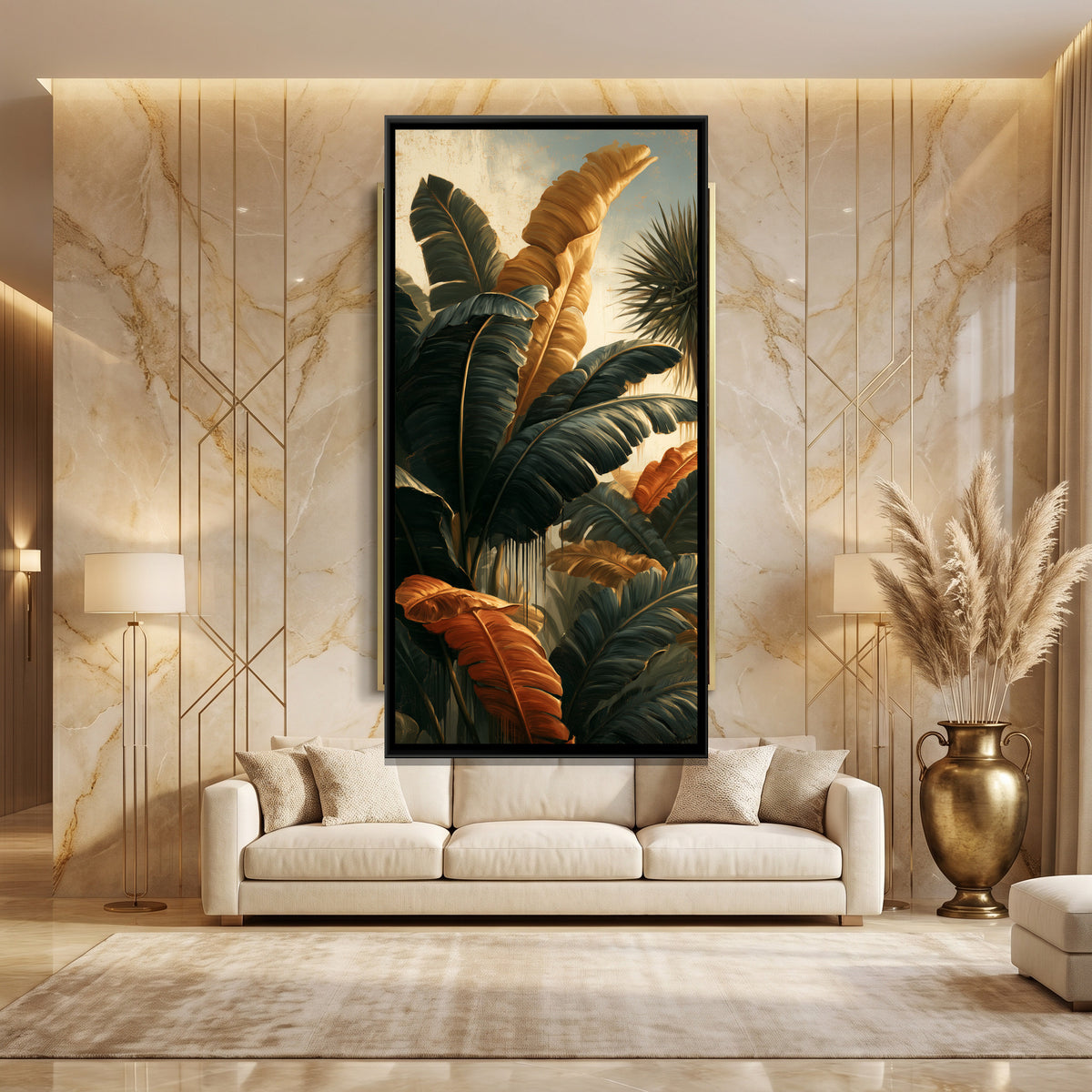 Tropical Banana Leaves — canvas art shown in a second room setting