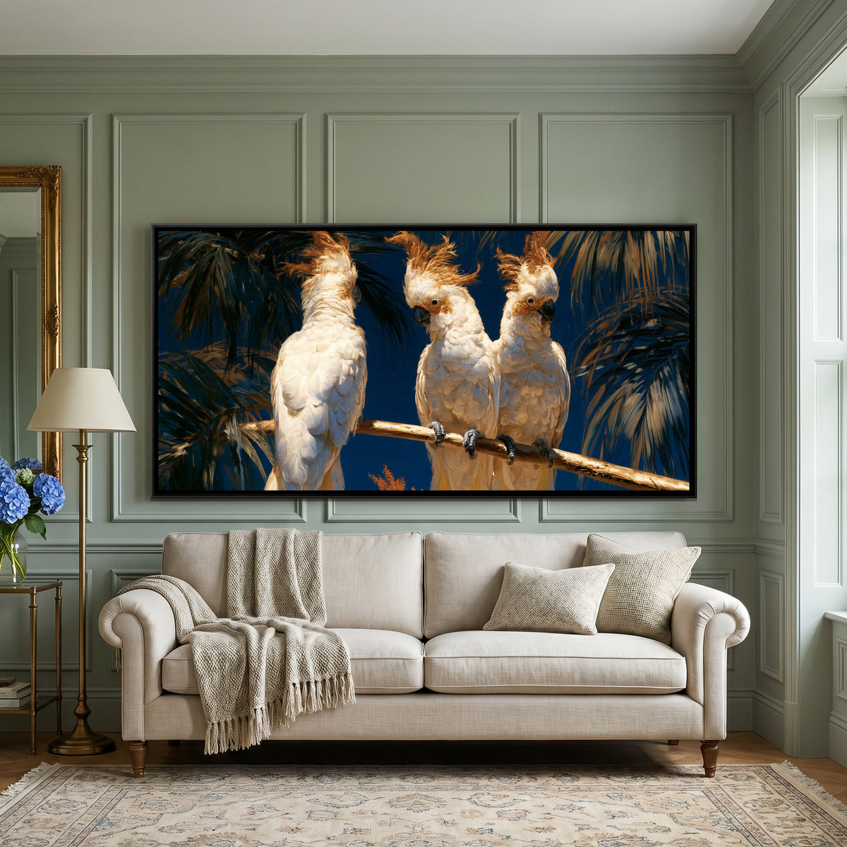 White Cockatoos — framed canvas art hung on a wall
