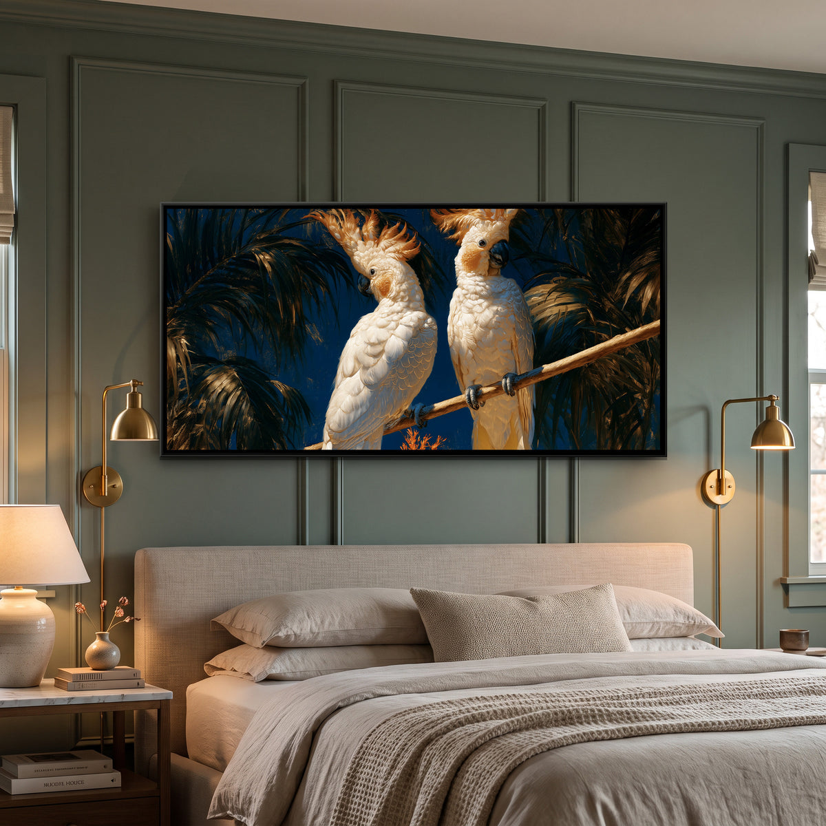 White Cockatoos — canvas art shown in a styled room