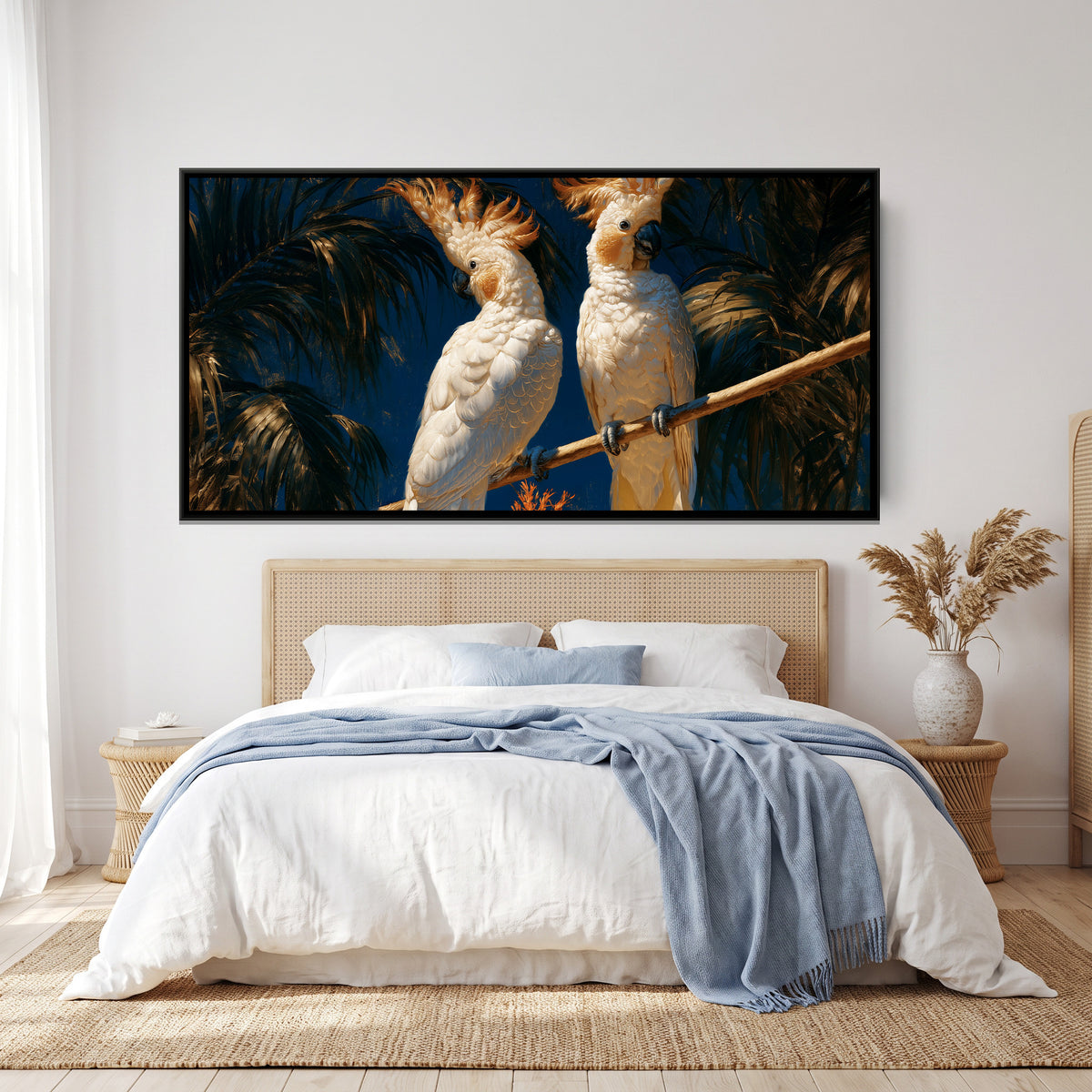 White Cockatoos — canvas art shown in a second room setting