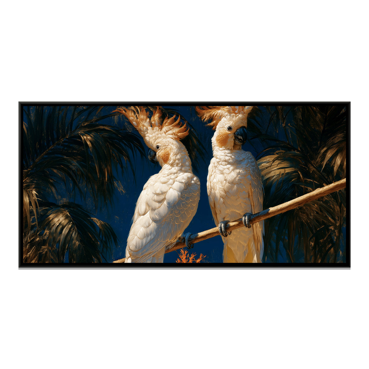 White Cockatoos — framed canvas print, front view