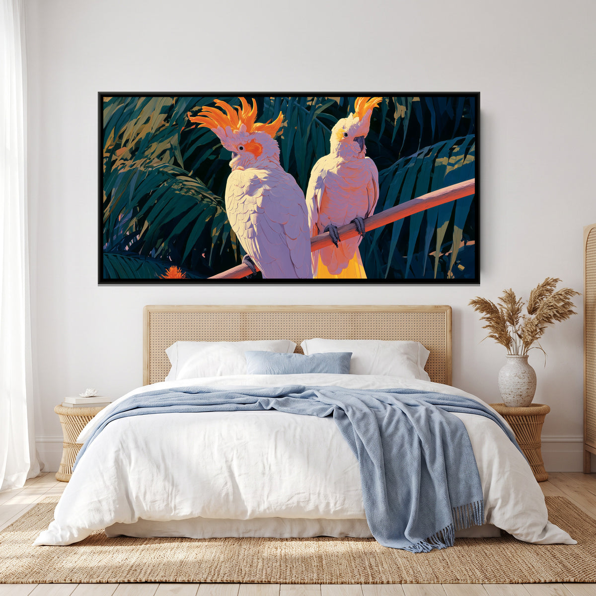White Cockatoos — canvas art shown in a styled room