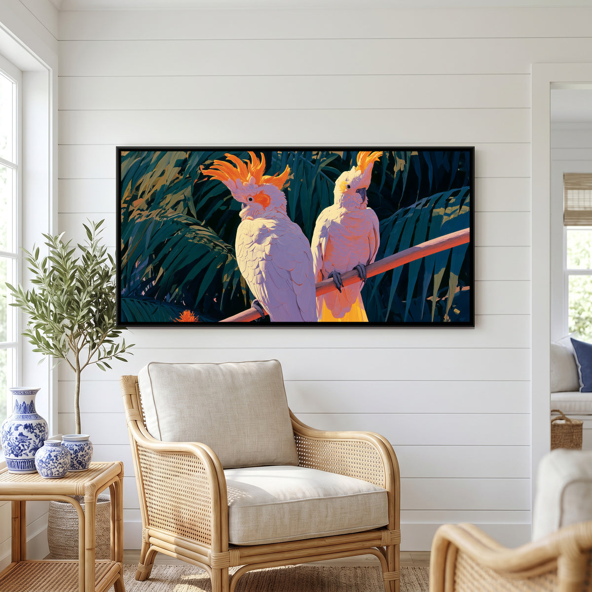 White Cockatoos — canvas art shown in a second room setting