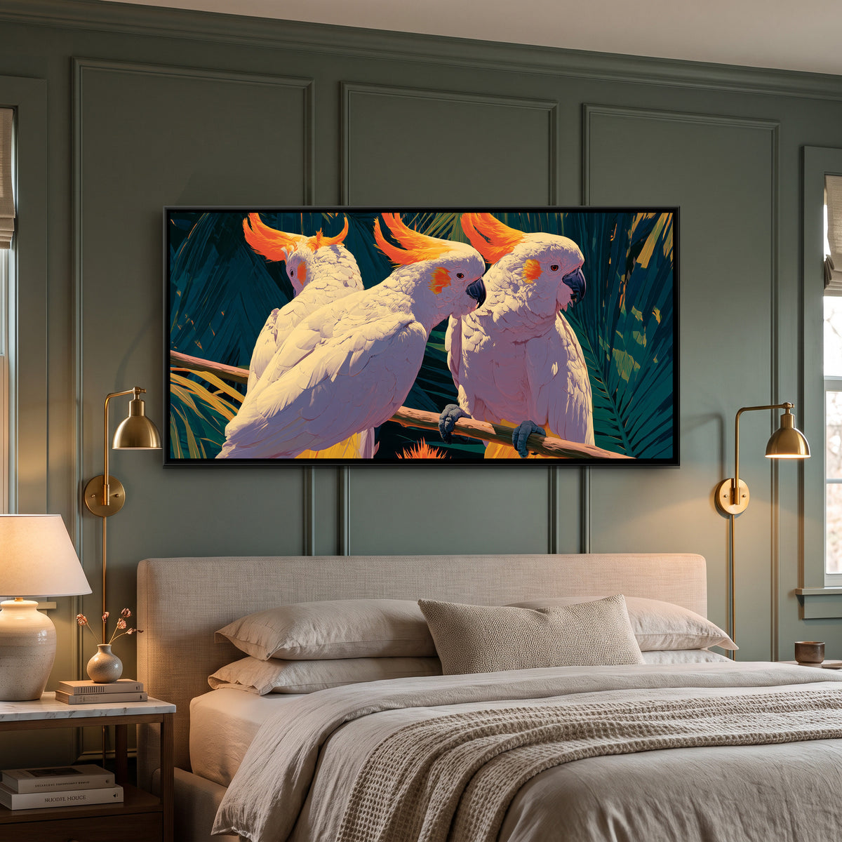 White Cockatoos — canvas art shown in a styled room
