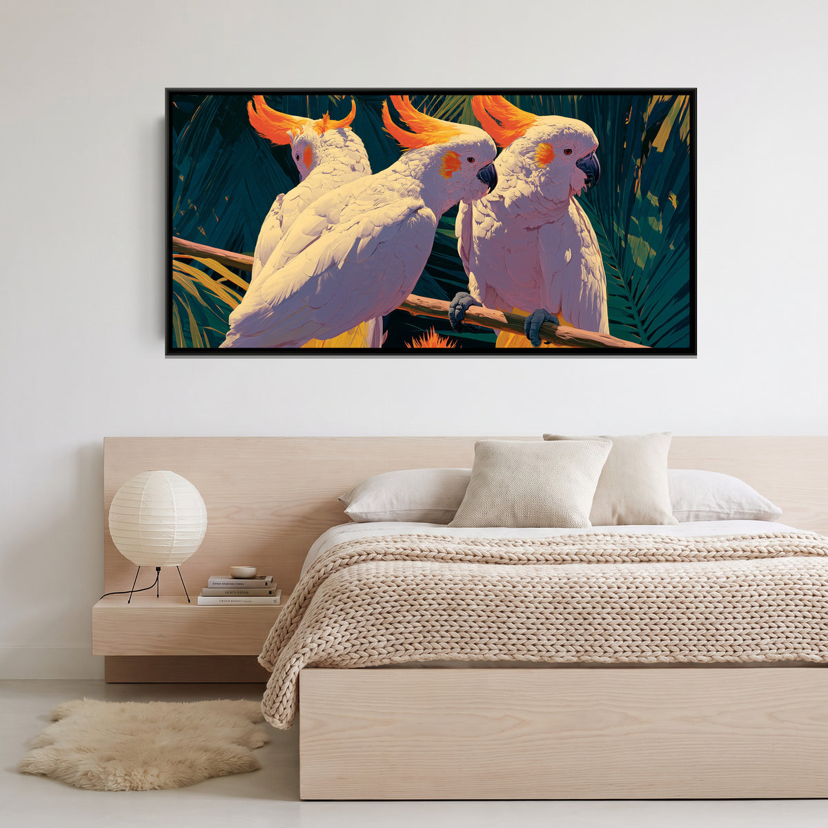 White Cockatoos — canvas art shown in a second room setting